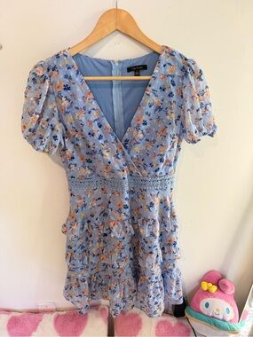 City Studio Light Blue Floral Wrap Mini Dress